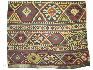 

Fragment of Shirvan kilim Caucasian reduced in length, woven circa 1870 antique, collectors item,  240 x 128 cm, ID: A-636
Woven with hand spun wool, crab design, has minor problems.


   