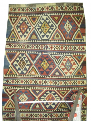 

Fragment of Shirvan kilim Caucasian reduced in length, woven circa 1870 antique, collectors item,  240 x 128 cm, ID: A-636
Woven with hand spun wool, crab design, has minor problems.


   