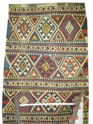 

Fragment of Shirvan kilim Caucasian reduced in length, woven circa 1870 antique, collectors item,  240 x 128 cm, ID: A-636
Woven with hand spun wool, crab design, has minor problems.


   