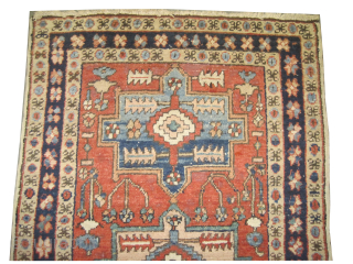


Serapi-Heriz Persian, knotted circa 1900, antique, 80 x 134 cm, ID: K-749
The black knots are oxidized, the knots are hand spun wool, the selvages are woven on two lines, the background is  ...