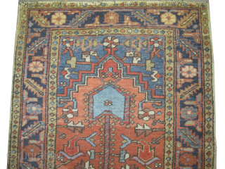 

Serapi-Heriz Persian, knotted circa 1890 antique, 90 x 186 cm, ID: P-2363
The black knots are oxidized, the knots are hand spun wool, the shirazi borders are woven on two lines, uniformly short  ...