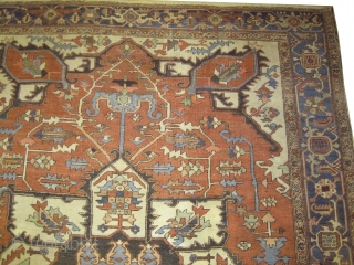 	

Serapi Heriz Persian circa 1880 antique. Collector's item. Size: 382 x 300 (cm) 12' 6" x 9' 10"  carpet ID: P-1286
Vegetable dyes, good condition, the black colour is oxidized, the background  ...