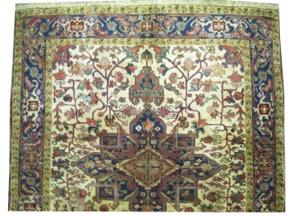 
Heriz Persian old, 188 x 159 cm,  carpet ID: K-4800
The knots are hand spun lamb wool, the background is ivory, the center medallion and the surrounded large border are indigo, the  ...