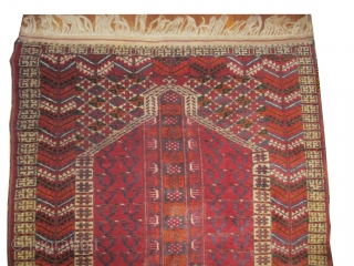 
Tekke Turkmen prayer, knotted circa in 1935 semi antique, 74 x 114 cm,  carpet ID: MM-166
The knots, the warp and the weft threads are hand spun wool, both edges are finished  ...