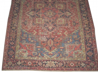 Heriz Persian knotted circa in 1920 antique, 302 x 230  carpet ID: P-3982
The knots are hand spun wool, the black knots are oxidized, the shirazi borders are woven on two lines  ...