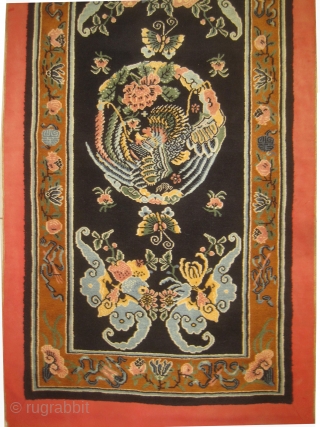 Chinese dragon rug semi antique, 156 x 81 cm,  carpet ID: SRO-5
The knots are hand spun wool, the background color is indigo, the surrounded large border is cinnamon, the four corners  ...