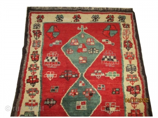 
Gabbeh Nomad knotted circa in 1928 semi antique, collectors item, 188 x 130 cm  carpet ID: T-711

The knots are hand spun wool, the black knots are oxidized, the warp and the  ...