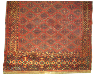 Yemouth Turkmen knotted circa 1885 antique, collectors item, 130 x 105 cm, ID: E-284
The warp and the weft threads are 100% wool, the knots are hand spun wool, both edges are finished  ...