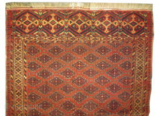 Yemouth Turkmen knotted circa 1885 antique, collectors item, 130 x 105 cm, ID: E-284
The warp and the weft threads are 100% wool, the knots are hand spun wool, both edges are finished  ...
