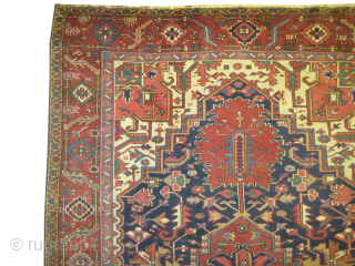 Serapi-Heriz Persian, knotted circa 1905 antique, collectors item, 346 x 234 cm, ID: P-4023
Vegetable dyes, the black knots are oxidized, the knots are hand spun wool, the background color is indigo, the  ...