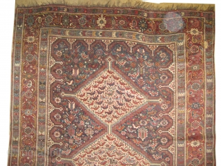 


Shiraz Khamse Persian knotted circa in 1900, antique, collectors item. 237 x 162 cm 
 carpet ID: 804
The knots are hand spun lamb wool, the black knots are oxidized, the warp and  ...