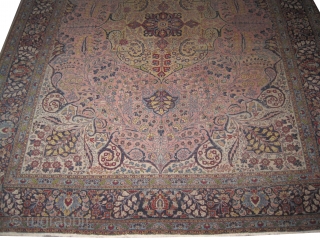 
Tabriz Persian knotted circa 1920, signed, antique, 380 x 300 cm, ID: ERB-3
The black knots are oxidized, the knots are hand spun wool, the pile is uniformly and slightly short, finely knotted,  ...