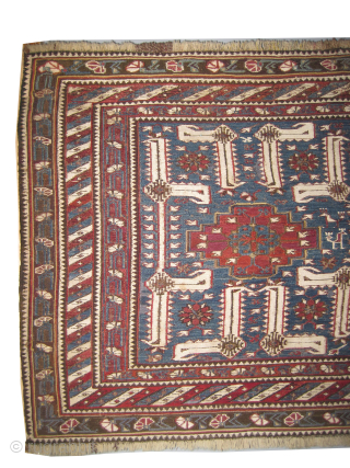 

Soumak Caucasian, woven circa 1865 antique, 60 x 107 cm, ID: A-873
High standard collectors item,woven with hand spun wool in Soumak technique, the white color is cotton, the background color is sky  ...