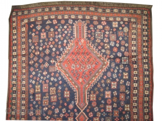 Shiraz Persian circa 1905 antique. Collector's item. Size: 247 x 130 (cm) 8' 1" x 4' 3" 
 carpet ID: K-453
Vegetable dyes, the black color is oxidized, the knots are hand spun  ...