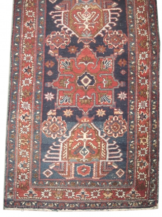 


Heriz Persian, old, 67 x 140 cm, ID: K-3610
The background color is indigo, geometric design, the surrounded large border is rust, vegetable dyes, the black knots are oxidized, the shirazi borders are  ...