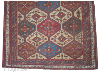 Afshar Persian, knotted circa 1910 antique, 163 x 195 cm, ID: BRDI-39

The knots are hand spun wool, vegetable dyes, in good condition except the corner that needs repair.     