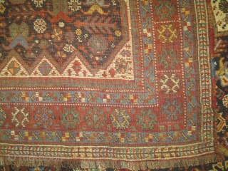 Qashqai Persian, circa 1910 antique, collectors item, Size: 134 x 204cm,  Carpet ID: 0001
Vegetable dyes, the black color is oxidized, the knots are hand spun wool, all over designthe background is  ...