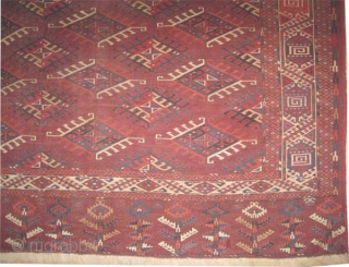 Yemouth Turkmen Dyrnak design  antique. Size: 370 x 216 (cm) 12' 2" x 7' 1" 
 carpet ID: P-5073
Vegetable dyes, the black color is oxidized, the warp and the weft threads  ...