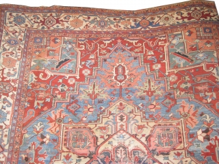  	

Serapi Heriz Persian knotted circa in 1895 antique, 375 x 307 (cm) 12' 4" x 10' 1"  carpet ID: P-1387
The background color is sky blue, in good condition except the  ...