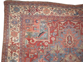  	

Serapi Heriz Persian knotted circa in 1895 antique, 375 x 307 (cm) 12' 4" x 10' 1"  carpet ID: P-1387
The background color is sky blue, in good condition except the  ...