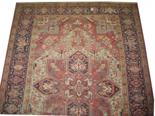 
Serapi Heriz Persian knotted circa 1910, antique, collectors item, 238 x 326 cm, ID: P-4020
Vegetable dyes, the black knots are oxidized, the knots are hand spun wool, the center medallion is rust  ...