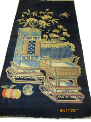 A pair of Chinese rugs, knotted circa 1910, antique, 92 x 171 cm, ID: KZM-11 and KZM-12
Vase design, indigo background, vegetable dyes, knotted with lamb wool, thick pile, in perfect condition, rare  ...