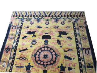 Chinese old, collectors item, 176 x 240 cm, ID: KZM-1
Thick pile, in perfect condition, dragon design, soft, vegetable dyes, yellow background, in its original shape.        