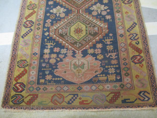 Shirvan, knotted circa 1935, 138 x 411 cm, ID: KZM-5
Blue background, 8 medallions, yellow border. The knots, the warp and the weft threads are hand spun wool. The pile is uniformly short,  ...