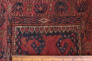 SOLD THANK YOU!

FINE OLD LATE 19TH CENTURY TURKMEN SARYK TORBA BAG FACE ONLY WITH FINE DETAILED SALOR GULS

BEAUTIFUL DEPRESSED WARPS CONSTRUCTION.

MEASURES APPROX. 42" X 14.5".

LOOKS LIKE THERE IS A FAIR AMOUNT OF  ...