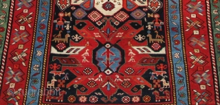 Late 19th Century Kazak. beautiful colours, collectable, all wool with natural vegetable dyes. I bought it in Tabriz, Iran. Size: 245x113 cm. 
This piece most have been used as a wall hanging  ...