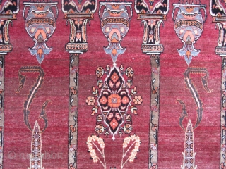 Antique Semnan, woven circa 1900, near Tehran. Rare and collectable, very fine weave, asymmetrical knots, double wefted like an old Bijar. It was faded on top when I bought it and we  ...