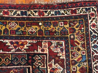 Rug no. 1147, Late 19th C. Khamseh rug from Southern Persia in very good condition, minor restoration, 100% natural vegetable dyes.  Beautiful and balance design for an antique Khamseh rug, fine  ...