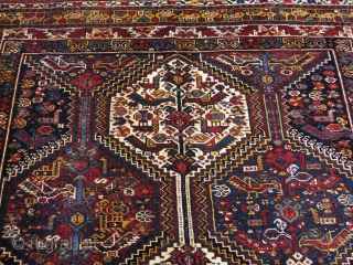 Rug no. 1147, Late 19th C. Khamseh rug from Southern Persia in very good condition, minor restoration, 100% natural vegetable dyes.  Beautiful and balance design for an antique Khamseh rug, fine  ...