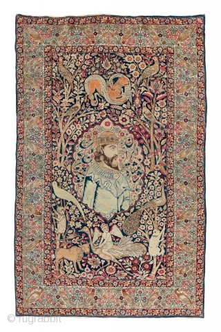 19th.C Kerman, pictorial rug, Qajar period, in immaculate condition, 
Ghalicheh size (approx 210x140 cm). 
Collectable piece, superfine museum quality piece, quality; approx 500 asymmetrical knots per sq/ inch.
call us for further details  ...