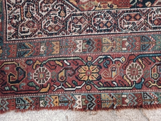 Amazing antique 19th century rug from shiraz-Iran (kashkai)
Even in this situation it is highly decorative and eye catching.
SIZE: 130cm/180cm
vegetable colours             