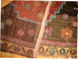 Fragment of old Kurdish weaving with captivating design of an archaic stepped arch form on a spare field, original selvages; 3rd quarter 19c; 3.5 feet Horiz. x 2.0 feet Vert. (104x61cm). Wonderful  ...