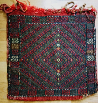 A pair of hard to find small, vintage Karakecili flatwoven sumak heybe (bags/khorjin), now detached, 19c. Very tightly woven, one retains the original back with old make-do repairs. These belong to the  ...