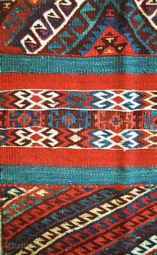 Very good multiple-technique flat weave sampler/wagireh,  Erzurum, 19c. Highly unusual and hard to find. Deeply saturated  colors. 53 x 153 cm. Good condition. A few tiny insect nibbles. No repairs.  ...