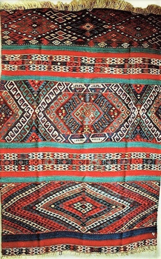 Very good multiple-technique flat weave sampler/wagireh,  Erzurum, 19c. Highly unusual and hard to find. Deeply saturated  colors. 53 x 153 cm. Good condition. A few tiny insect nibbles. No repairs.  ...