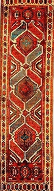 AVAILABLE Very unusual and beautiful Karapinar long rug with three complete sets of Saz leaf medallions, c. Circa 1800-50, very good condition with exceptionally clear dyes and excellent lustrous pile. No repairs.  ...