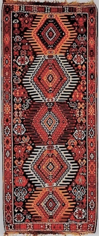 East Anatolia, Erzurum region, Kurdish people, wool kilim, mixed wool braided warps, single loom width, 4.2 x 10.2 feet (127 x 310) cm. 19th century. Impressive quality in excellent condition with organic  ...