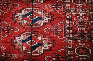 Tekke 'wedding rug', 1860-75, spacious composition with well drawn archetypal guls of good proportions; localized wear mostly at ends, no repairs. Glowing madder red with lustrous wool, finely woven and supple handle,  ...