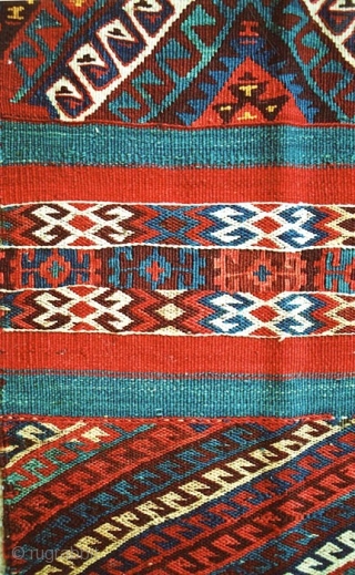 AVAILABLE -- A choice and small flat-woven kilim with exceptional saturated natural colors and showing several variations of mixed-weaving techniques. Striking wall-hanging display piece. It is about 3.6 x 5.0 feet (104  ...