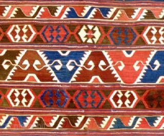 Anatolian Karapinar kilim, approx 5x12 feet, c 1850, the center medallion is blue the other two are blue-green, excellent condition.             