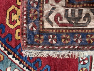 AVAILABLE An outstanding antique Kazak in an unusual kelleh format, 6.1 x 11.10 feet; 19th century. All natural colors, including aubergine purple highlights. Lustrous wool, excellent pile and the ends and selvages  ...