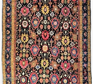 Classical Karabagh long carpet, ca. 1800-25, length slightly invisibly adjusted, now 7.3 x 18 feet (252 x 550 cm). No re-knotting, very good pile, slight wear in a few areas. Original selvedges  ...