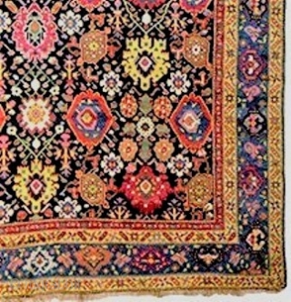 Classical Karabagh long carpet, ca. 1800-25, length slightly invisibly adjusted, now 7.3 x 18 feet (252 x 550 cm). No re-knotting, very good pile, slight wear in a few areas. Original selvedges  ...
