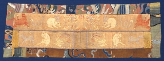 A composed silk textile that displays Chinese zodiac figures. Brocaded silk sleeve bands (circa 1800) are surrounded by a frame of pieced Dragon kesi (slitweave tapestry) with gold wrapped highlights, probably K'ang  ...