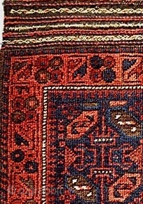 Sweet Baluch khorjin face, classic pattern, good spacing, earlier than many and in good condition with nice oxidation in some details. Minor blip on one selvedge. Elaborate warp finishes top and bottom.  ...