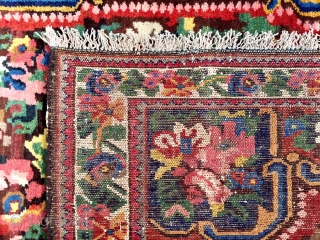 Description and origin: Description and origin: a "Gol Farang" Bakhtiyar-style woven rug with central panel of floral motifs and dense floral border.  rug from the Chahar Mahal region inspired by textiles  ...